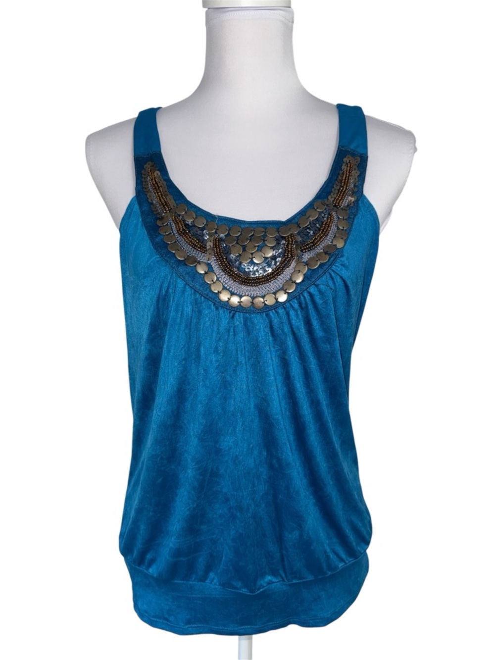 Heart Soul Teal Beaded‎ Tank Top Womens Large Boho Y2K Embellished Diva